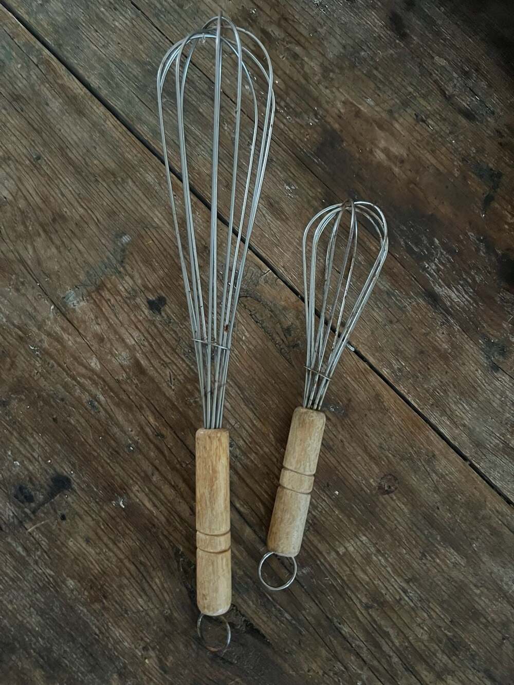 Vintage Wire Whisks with Wooden Handles, Set of 2